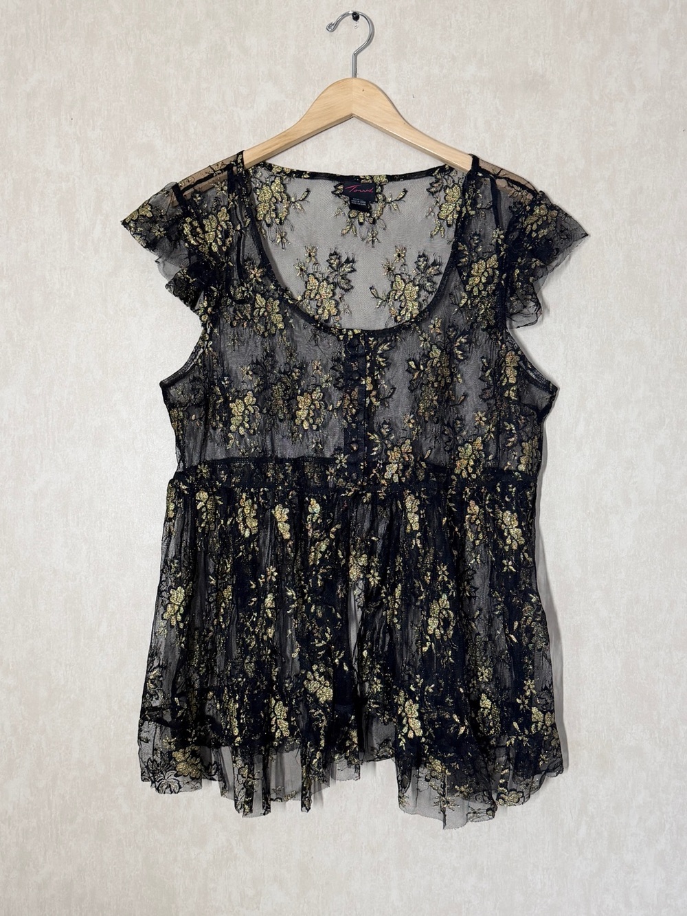 Torrid Women’s Lace Babydoll Button Up Top Blouse Sheer Whimsigoth Black 3X